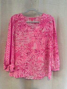 Lilly Pulitzer Hot Pink Tropical-Print V-Neck Blouse
